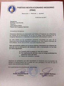 Comunicación del PRM a sus legisladores sobre aborto.